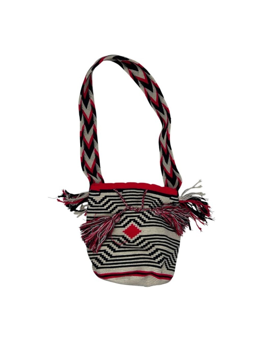 Woven Columbia Wayuu Mochila Raffia Woven Bucket Bag Tassel Tie Tribal Geometric